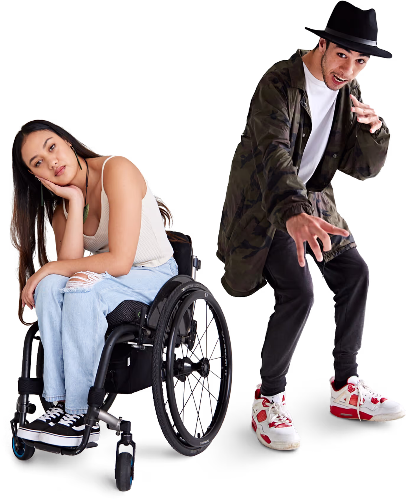 Young woman in wheelchair and young man standing next to her